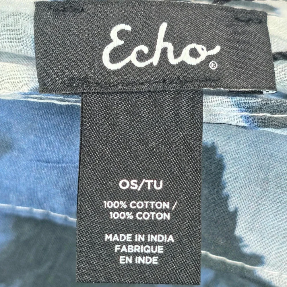 Echo Women Scarf OS Blue Batik Patch Geometric Frayed Edge Cozy Wrap Luxury NWT